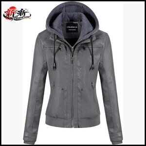 Women's Faux Leather Motorcycle Bomber Jacket with Removable Hood